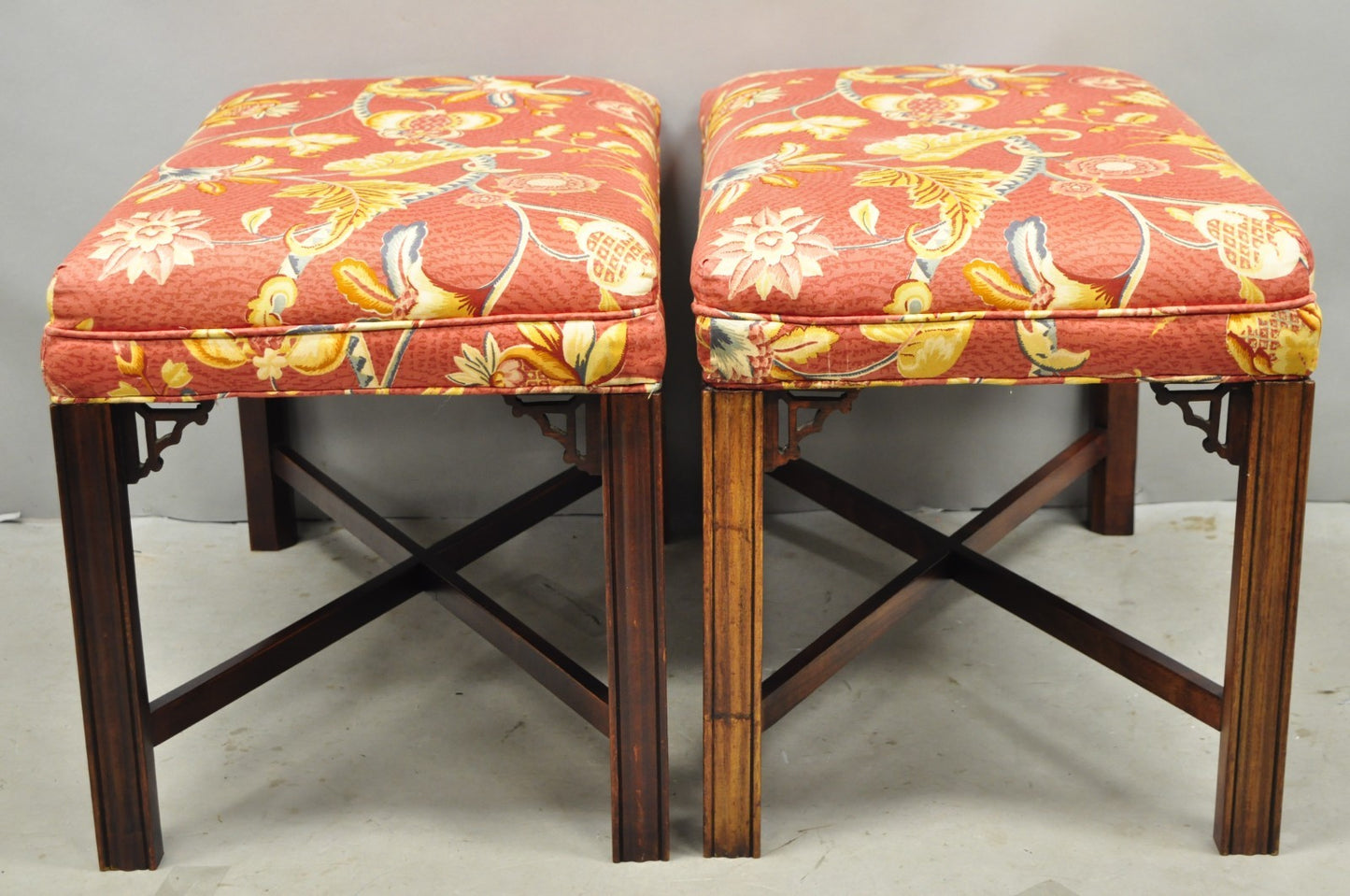 Vintage Chinese Chippendale Style Carved Mahogany Fretwork Bench Stool - Pair