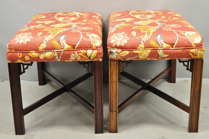 Vintage Chinese Chippendale Style Carved Mahogany Fretwork Bench Stool - Pair
