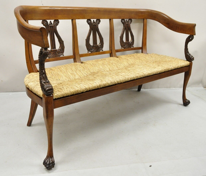 Vintage Italian Neoclassical Regency Style Serpent Lyre Carved Rush Seat Bench