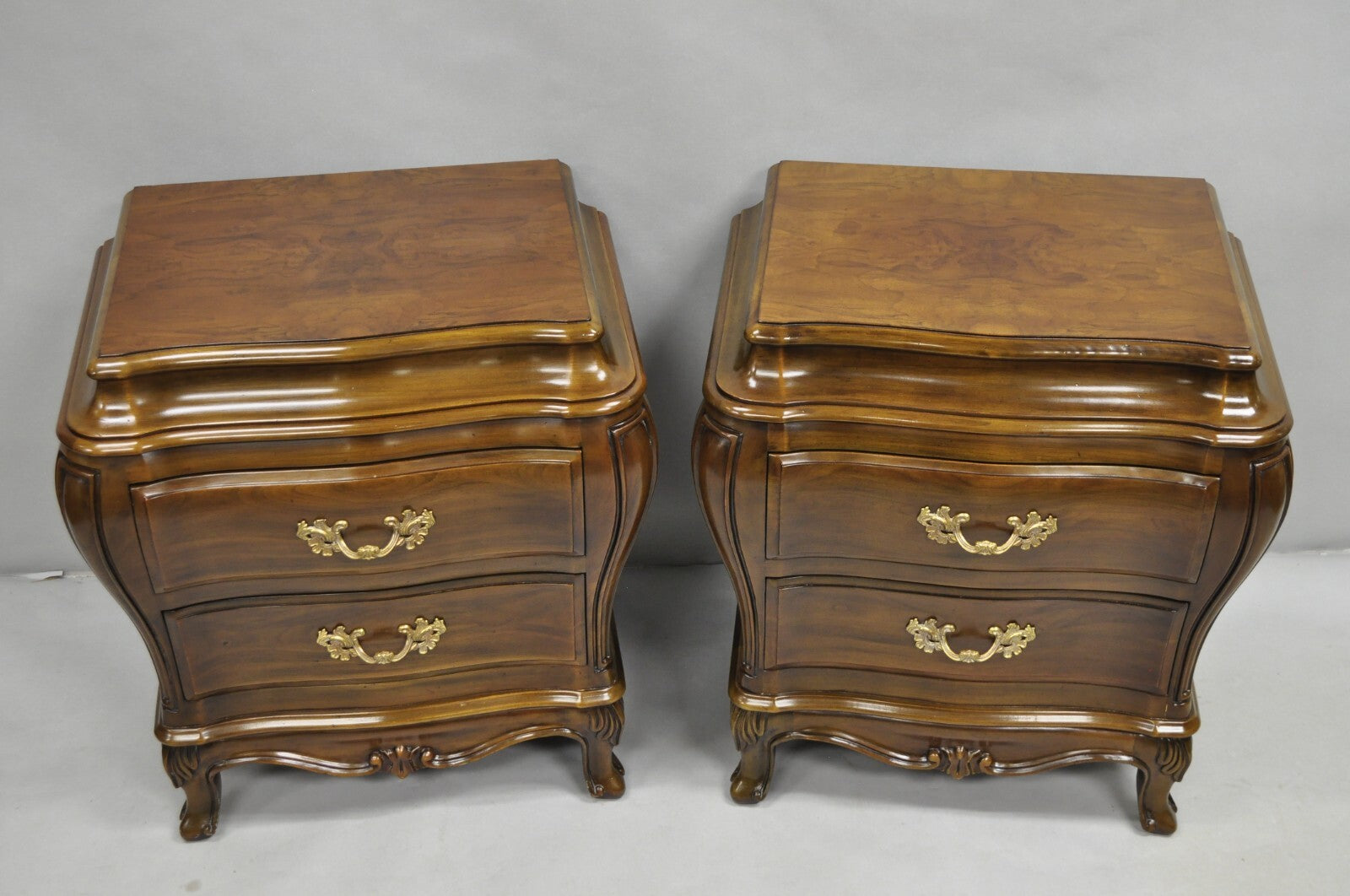 Karges French Louis XV Provincial Style Cherry Wood Bombe Nightstands - a Pair