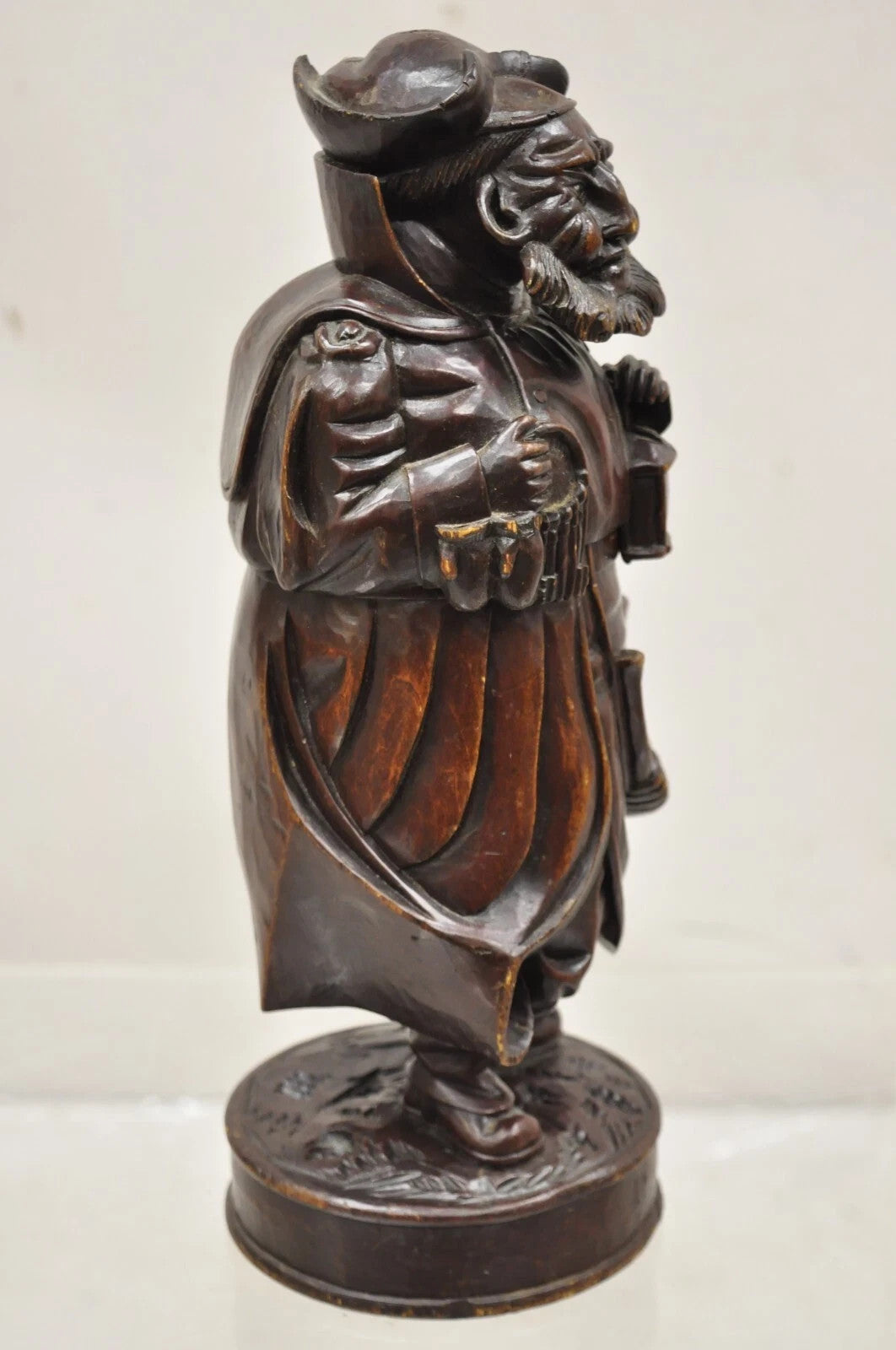 19th C. Black Forest Figural Wood Carved Night Watchman Lidded Tobacco Jar Box