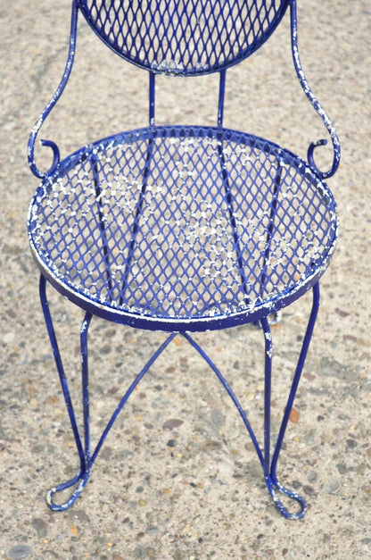 Vintage Victorian Blue Wrought Iron Small Garden Bistro Dining Chairs - Set of 4