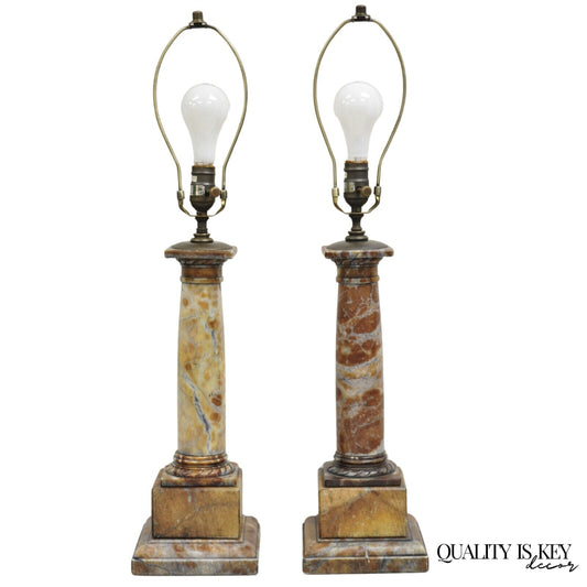 Contemporary Italian Neoclassical Rouge Marble Column Empire Table Lamps - Pair