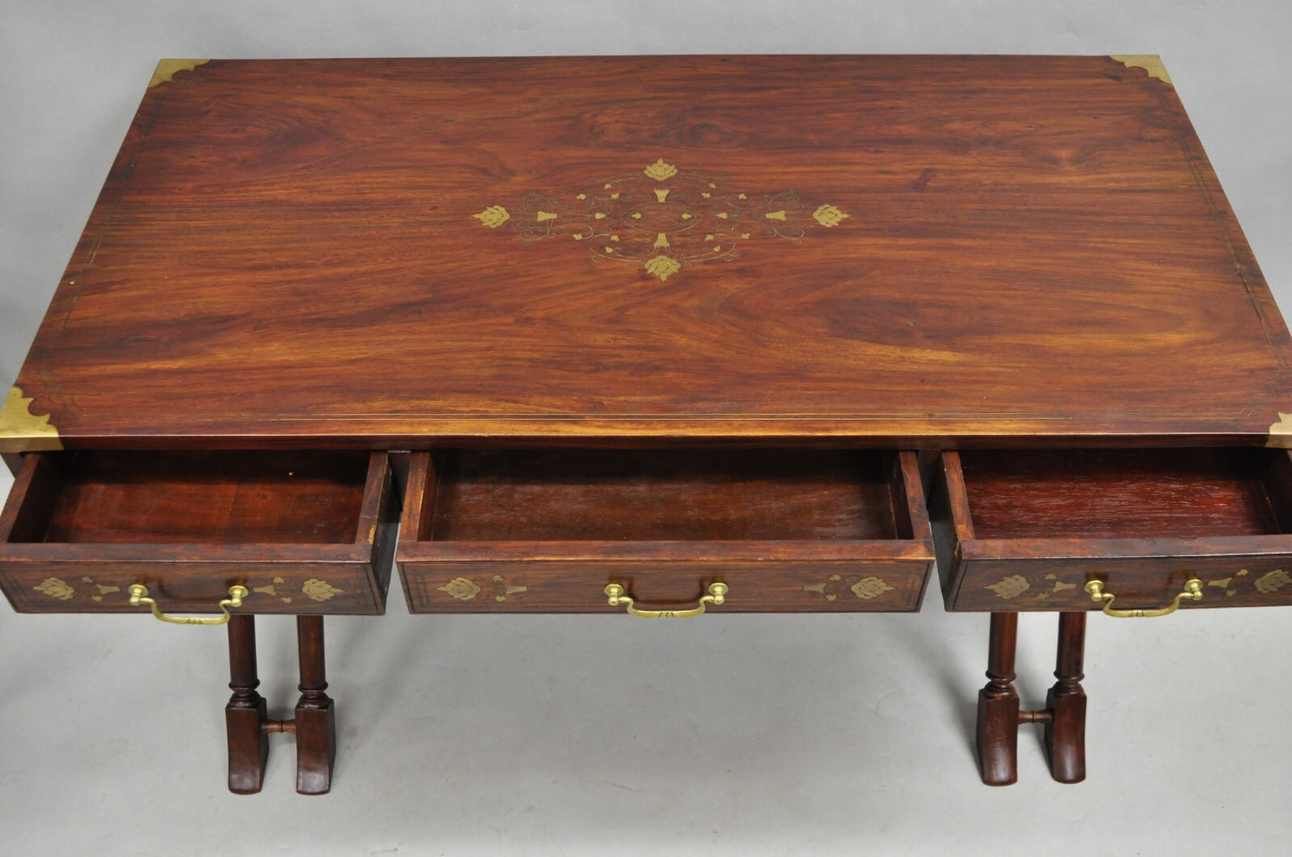 Vintage Anglo Indian Campaign Style Hardwood Curule Writing Desk w/ Brass Inlay