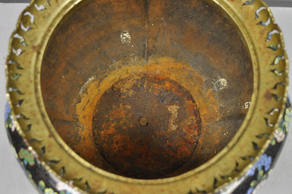 Antique Chinese Black Cloisonne Enamel Butterfly & Flower Bronze Cachepot Vase