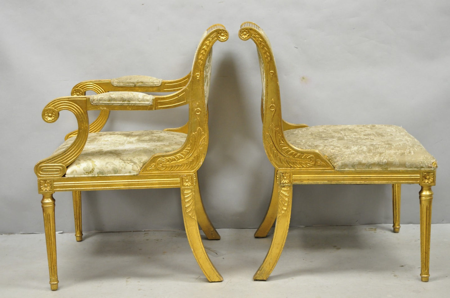Neoclassical Regency Style Gold Carved Wood Dining Room Chairs - Set of 10