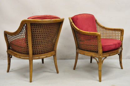 Vintage Chinese Chippendale Faux Bamboo Cane Barrel Back Club Chairs - a Pair