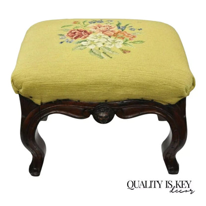 Antique Victorian Walnut Figural Lion Female Face Needlepoint Footstool Ottoman
