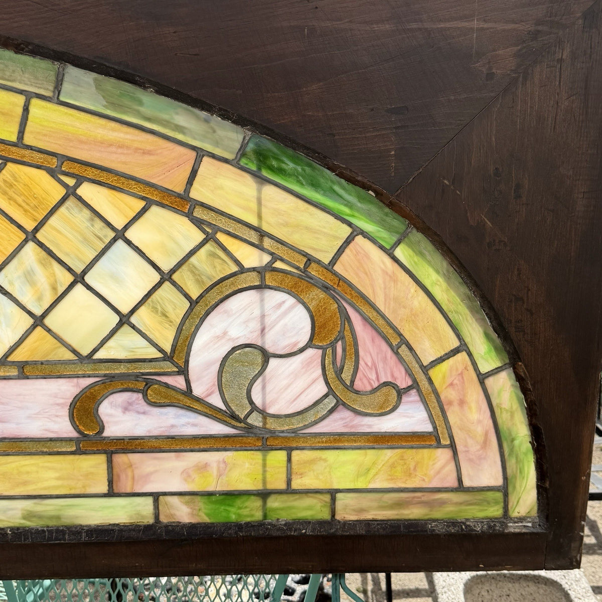 Antique Art Nouveau Colored Stained Glass Fruit 27 x 75 Arched Transom Window, B