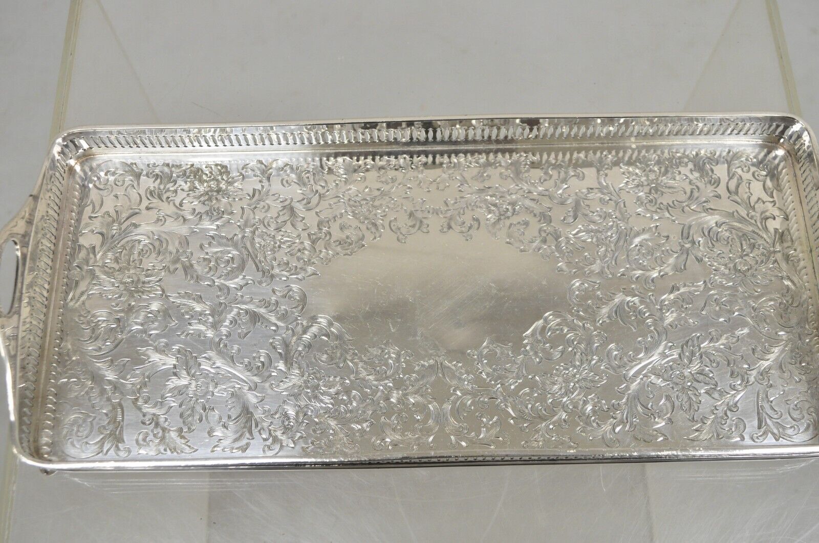 Vintage Wilcox Victorian Floral Engraved Narrow Silver Plated Trinket Dish