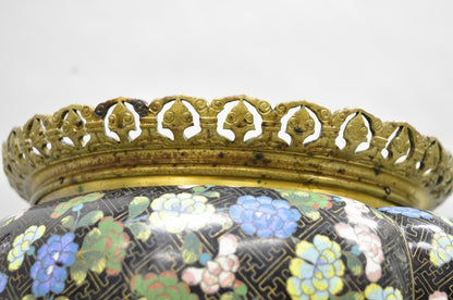 Antique Chinese Black Cloisonne Enamel Butterfly & Flower Bronze Cachepot Vase