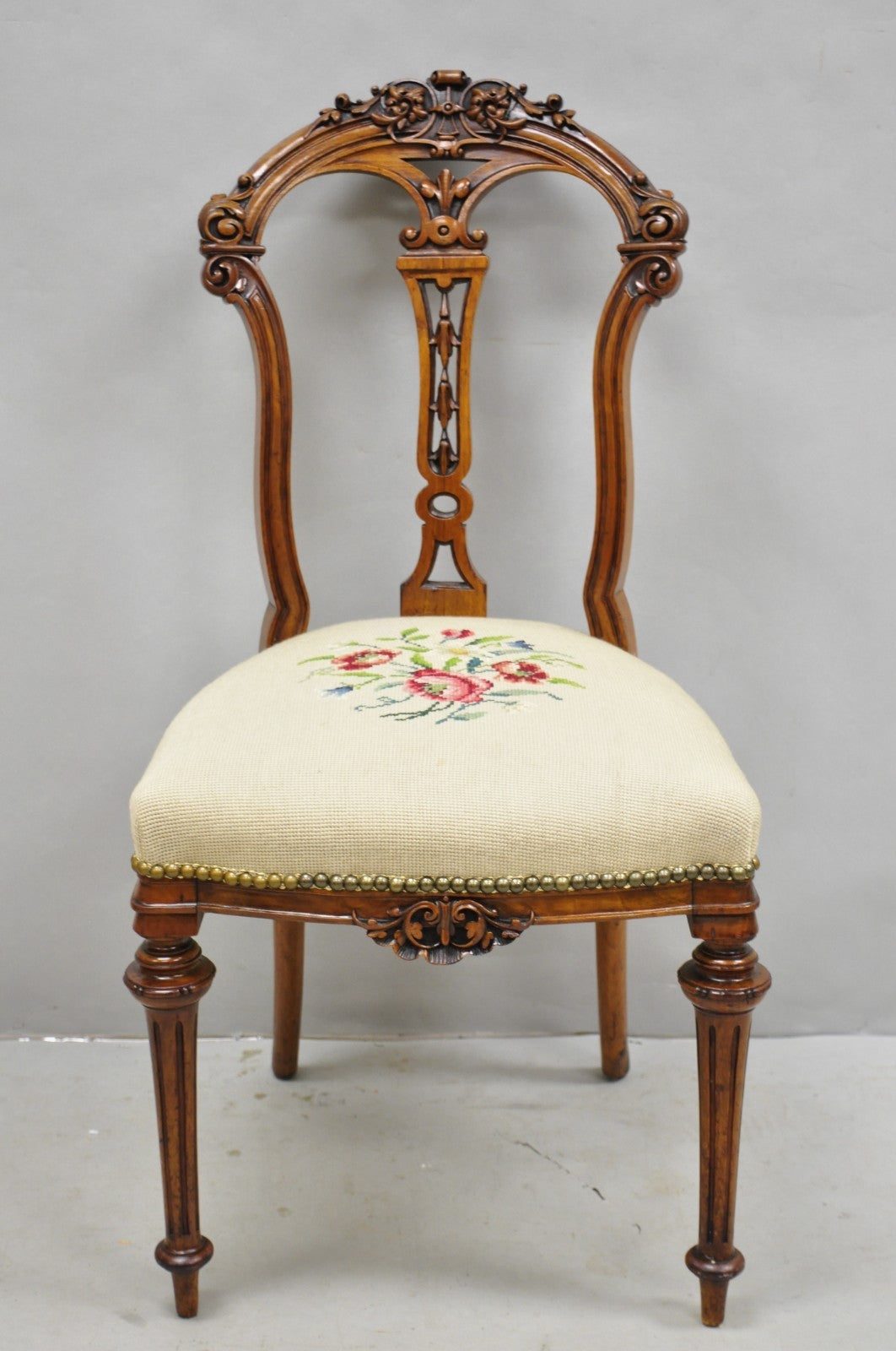 Antique Victorian Carved Walnut French Tapestry Parlor Side Chairs - Set of 4