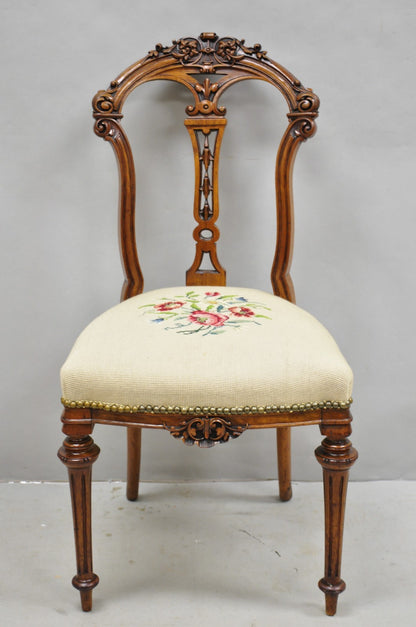 Antique Victorian Carved Walnut French Tapestry Parlor Side Chairs - Set of 4