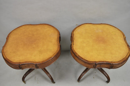 Vintage English Regency Leather Top Mahogany Drum End Table w/ 4 Drawers - Pair