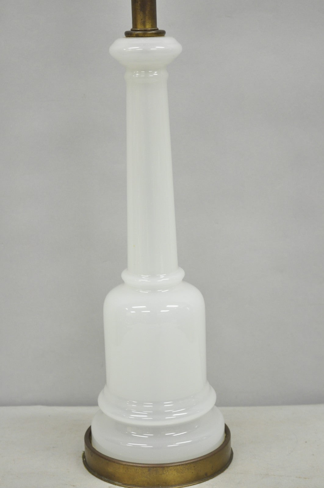 Vintage French Neoclassical White Opaline Glass Column Brass Mounted Table Lamp