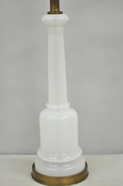 Vintage French Neoclassical White Opaline Glass Column Brass Mounted Table Lamp