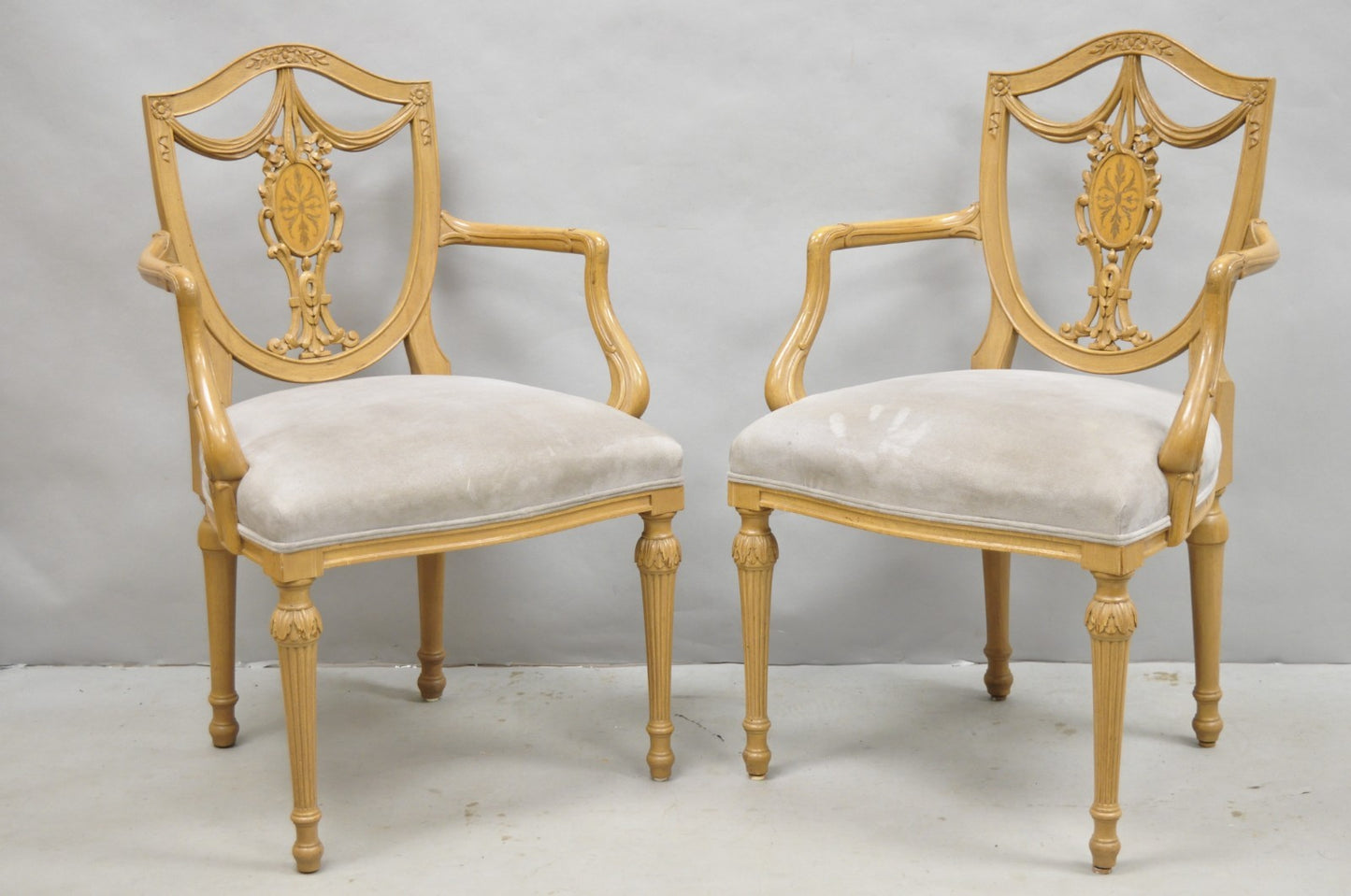Hepplewhite Prince of Wales Drape Carved Shield Back Dining Arm Chairs - a Pair