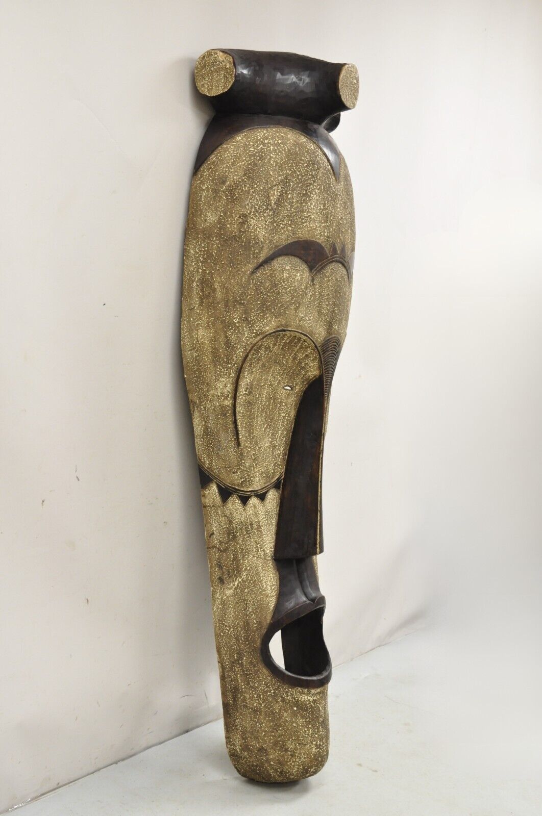Large 80" Gabon African Carved Wood Elongated Fang Ngil Mask Sculpture Statue