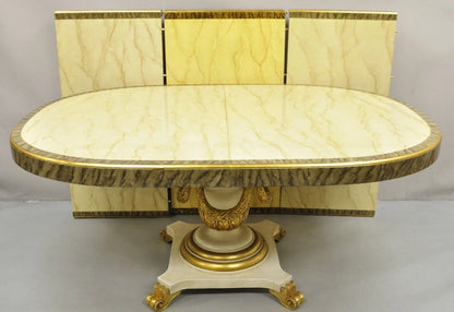 Italian Regency Cream & Gold Gilt Lacquered Urn Pedestal Dining Table - 3 Leaves