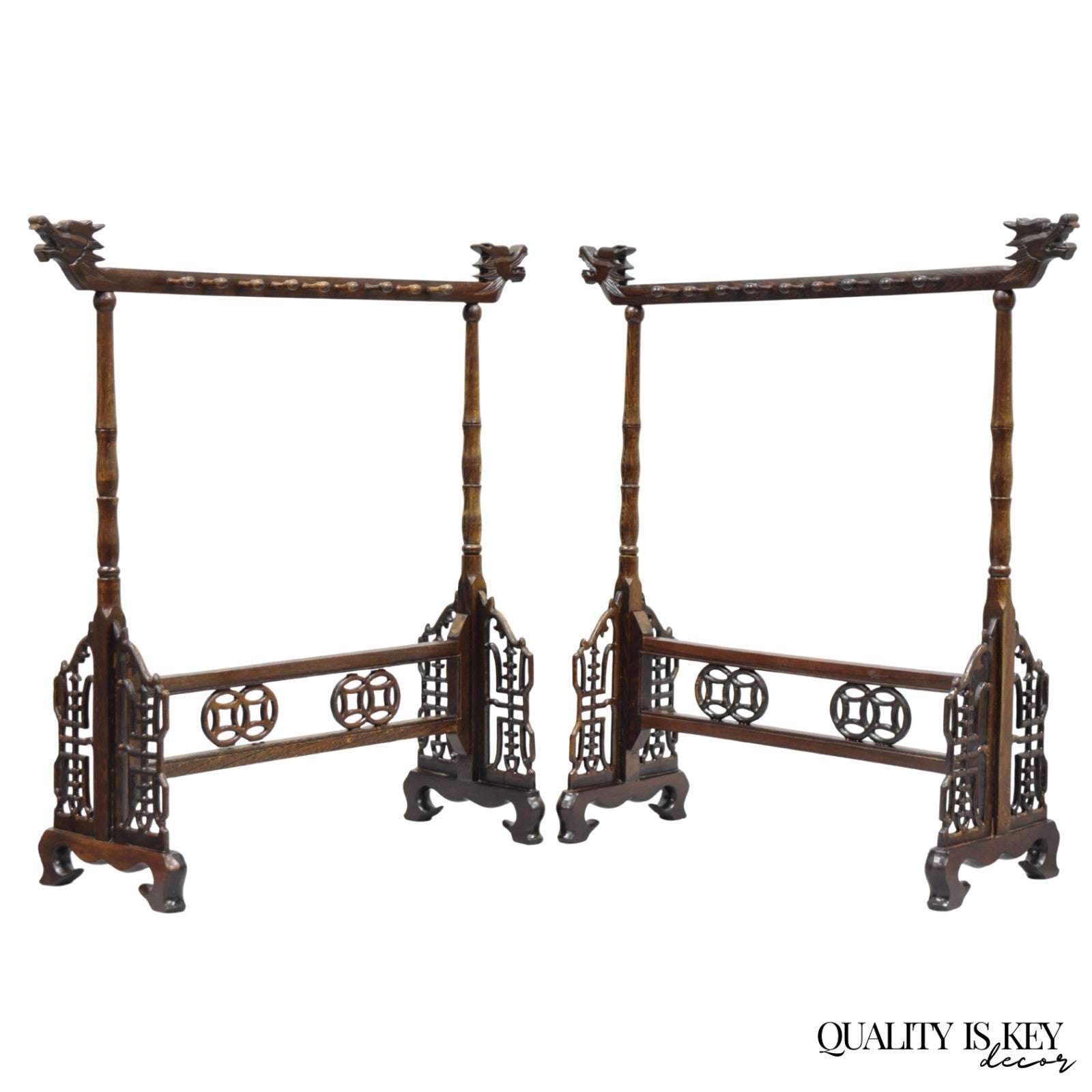 Chinese Carved Dragon Calligraphy Brush Pen Holder Rosewood Stand - a Pair