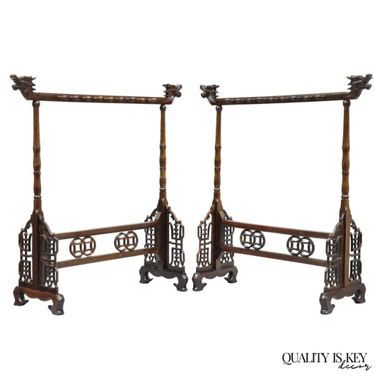Chinese Carved Dragon Calligraphy Brush Pen Holder Rosewood Stand - a Pair