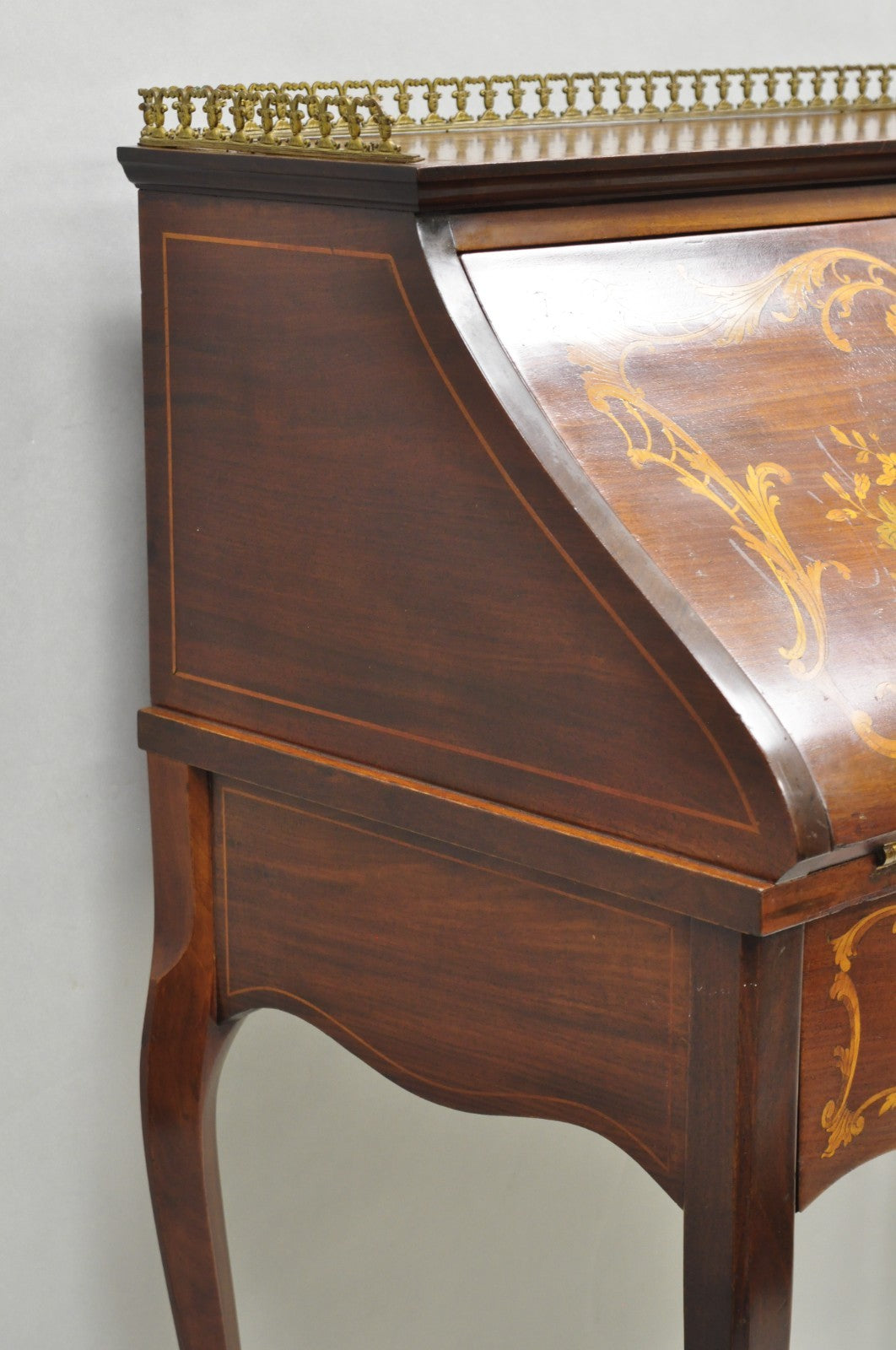 Antique French Louis XV Style Marquetry Inlaid Drop Front Ladies Writing Desk