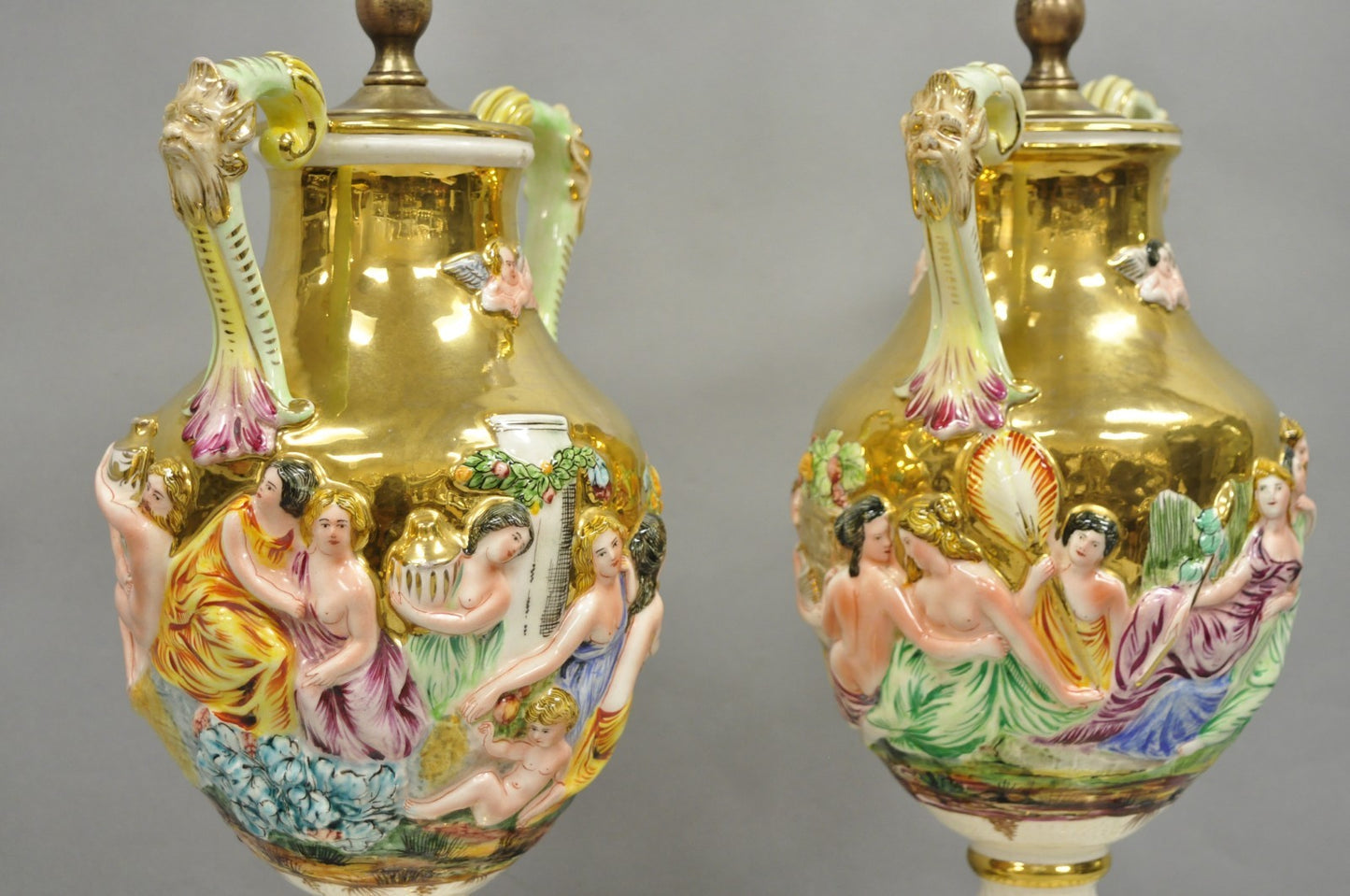 Antique Capodimonte Figural Porcelain Twin Handle Urn Gold Vase Table Lamps Pair