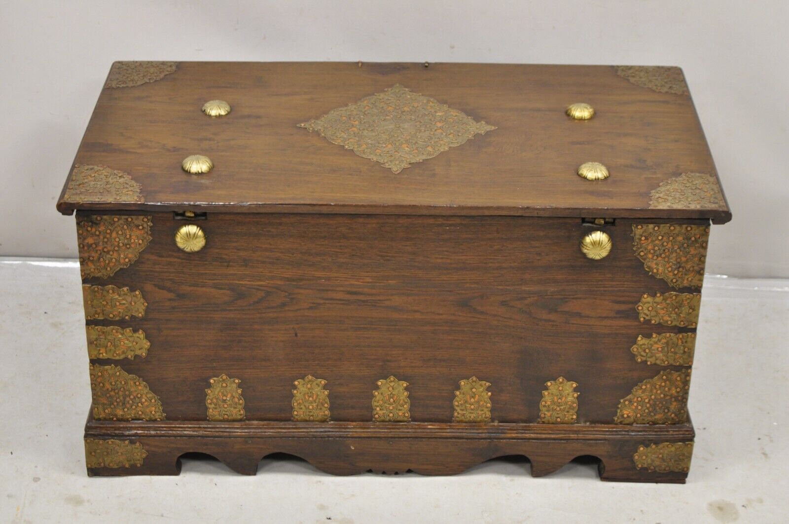 Antique Oak Wood & Brass Mounted Syrian Coffer Blanket Chest Trunk