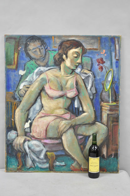 Vintage Samuel Heller "Seated Woman in Undergarments" Oil on Canvas Painting