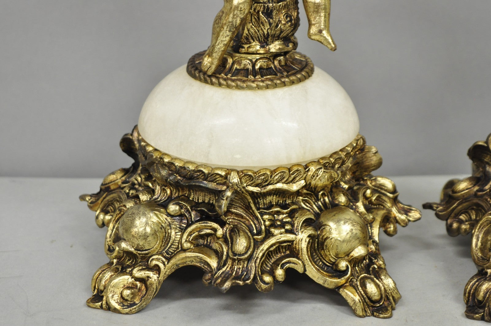 Vintage French Renaissance Rococo Alabaster & Brass Cherub Table Lamps - a Pair