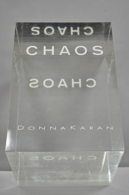 Donna Karan "Chaos" Heavy Acrylic Lucite Cube Perfume Retail Pedestal Display