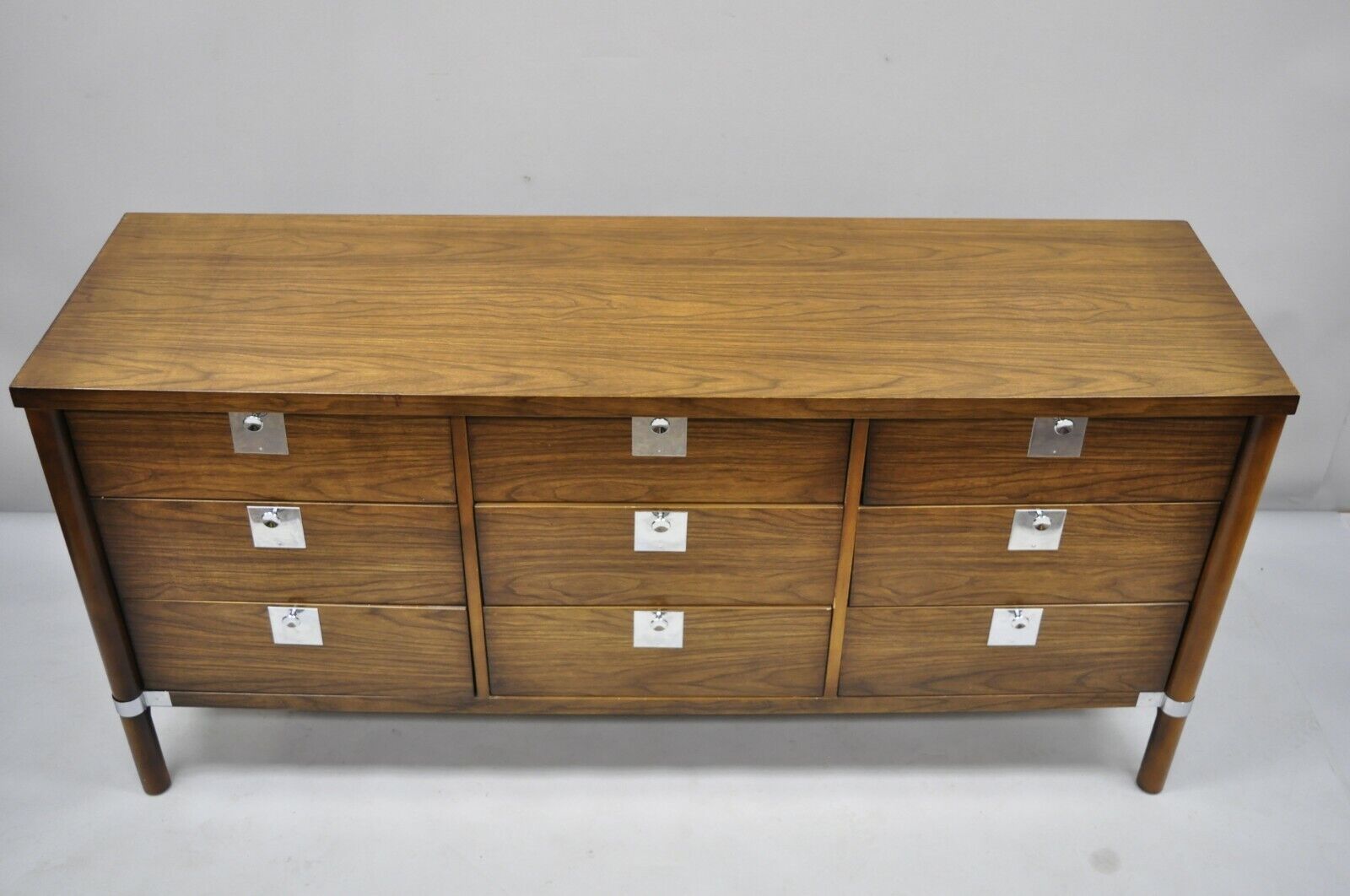 Vintage Mid Century Modern Walnut & Chrome 9 Drawer Credenza Dresser w/ Mirror