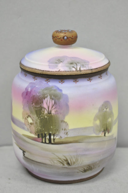 Antique Nippon Hand Painted Porcelain Countryside Lake Scene Covered Biscuit Jar