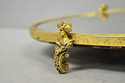 Vintage Hollywood Regency Gold Maiden Bust Oval Beveled Glass Mirror Vanity Tray