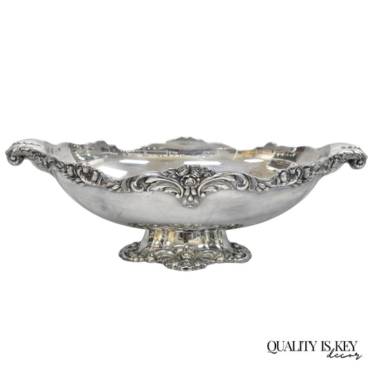 Vintage Lunt Victorian Silver Plated Oval Pedestal Base Rose Pattern Fruit Bowl