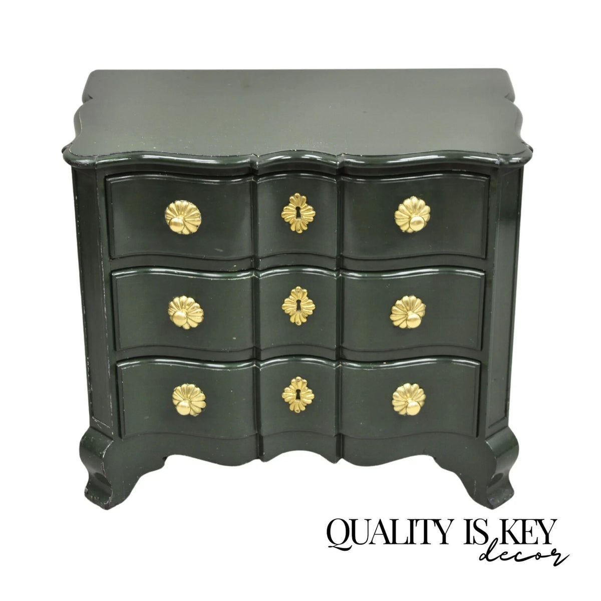 Vintage French Country Provincial Green Lacquer 3 Drawer Nightstand by Roundtree