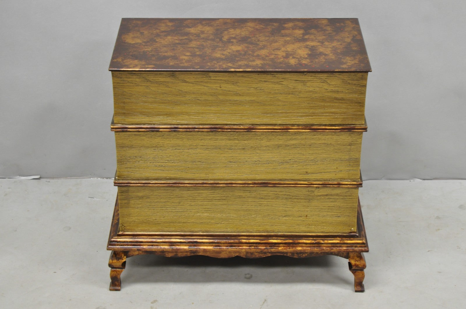 Decorator 3 Drawer Stacked Faux Book Form Italian Side Table w/ Oil Drop Finish
