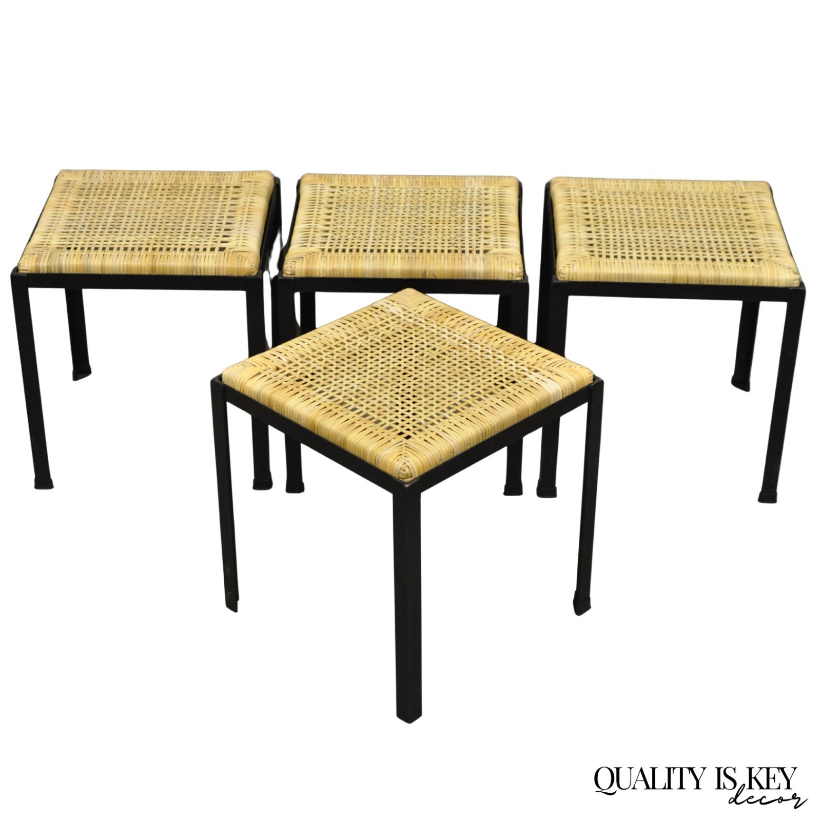 Mid Century Modern Danny Ho Fong Tropi-Cal Iron Cane Side Table Stool - Set of 4