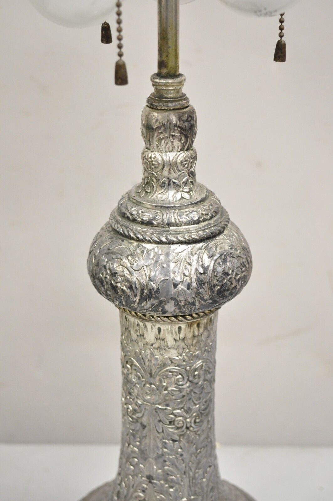 Antique English Victorian Silver Gilt Pewter Table Lamp w/ Regency Dolphin Feet