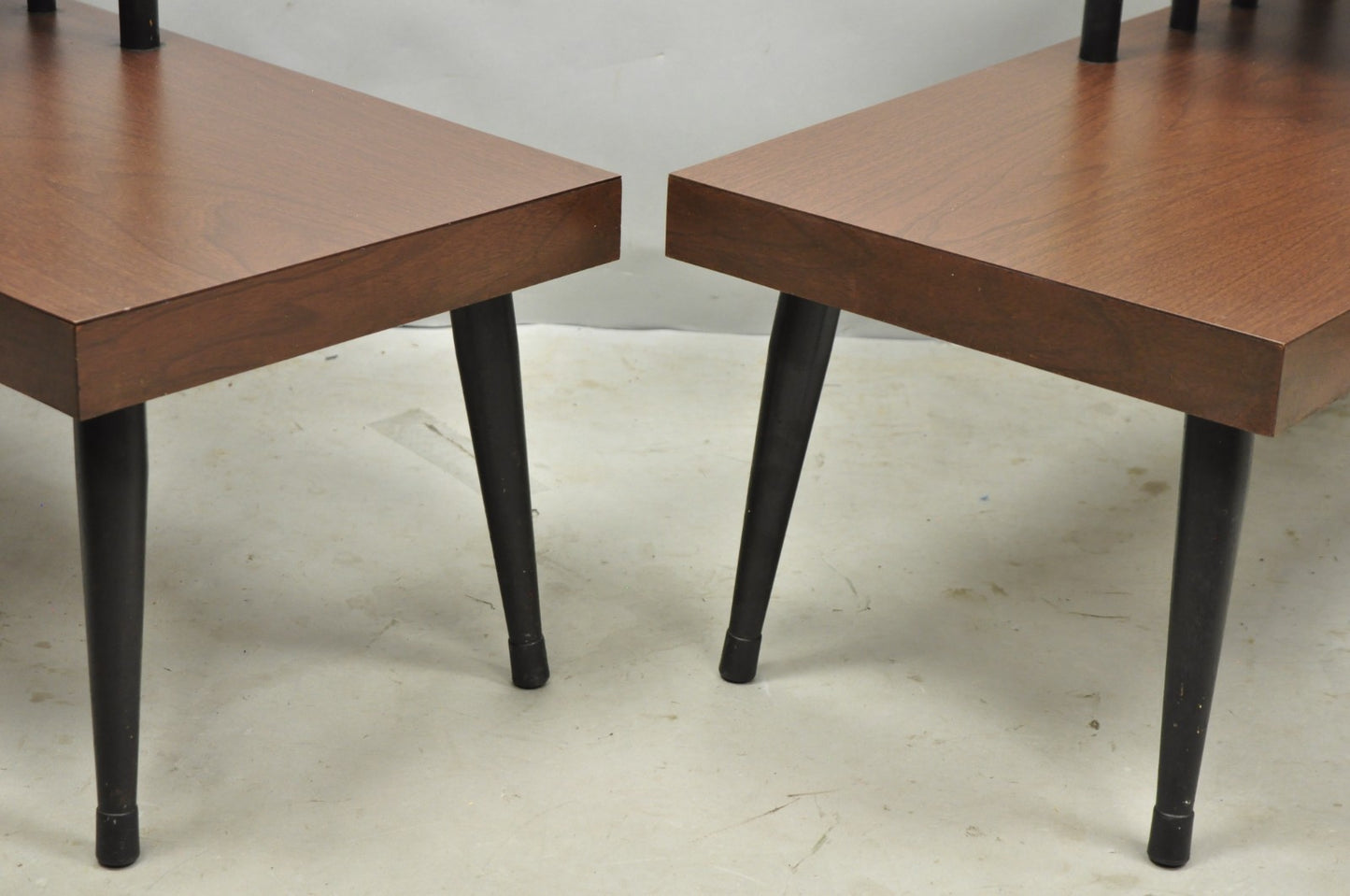Vintage Mid Century Modern Two Tier Step Walnut Laminate Spindle End Table, Pair