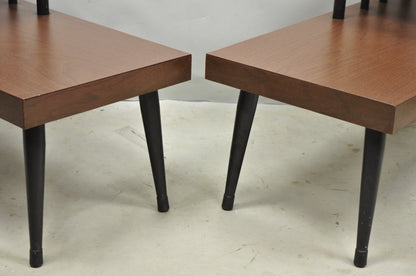 Vintage Mid Century Modern Two Tier Step Walnut Laminate Spindle End Table, Pair