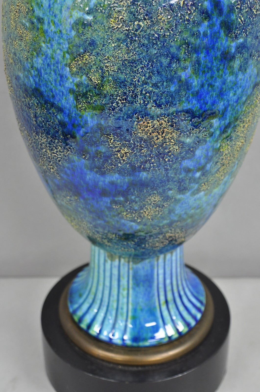 Vintage Mid Century Italian Modern Blue Glazed Ceramic Pottery Tall Table Lamp