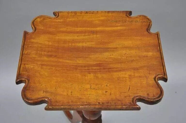 18th C. Federal Cherry Candle Stand Tea Table Tripod Pedestal Scallop Carved Top