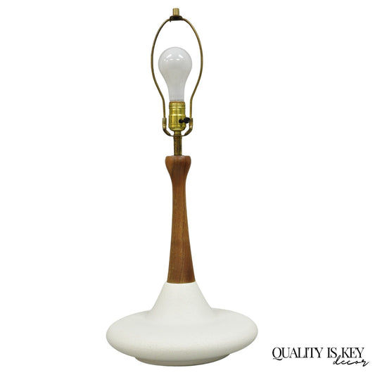 Vintage Mid Century Modern Atomic Era Teak Wood White Ceramic Pottery Table Lamp