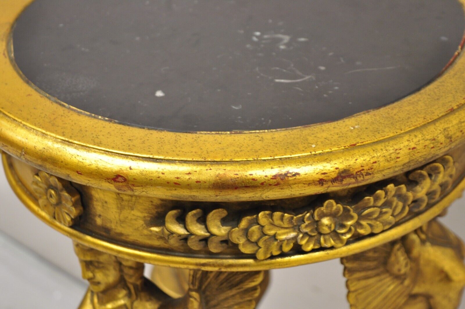 Egyptian Revival Gold Giltwood Round Marble Top Figural Pedestal Plant Stand