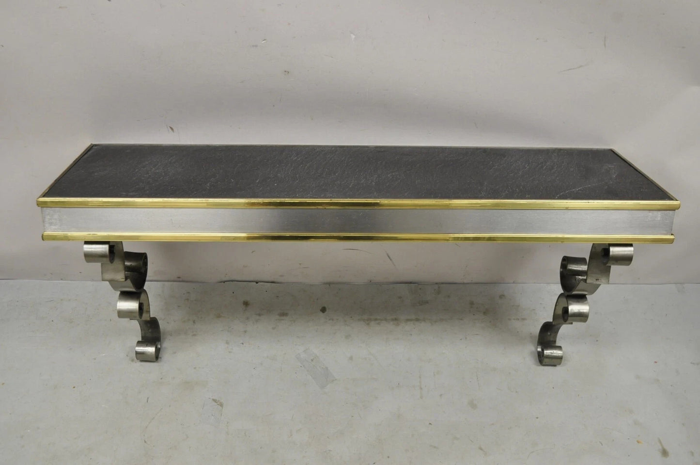 Vintage Italian Regency Steel & Brass Slate Top Wall Mounted Hall Console Table