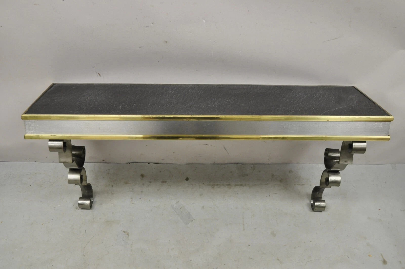 Vintage Italian Regency Steel & Brass Slate Top Wall Mounted Hall Console Table