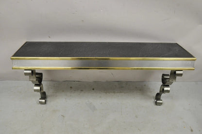 Vintage Italian Regency Steel & Brass Slate Top Wall Mounted Hall Console Table