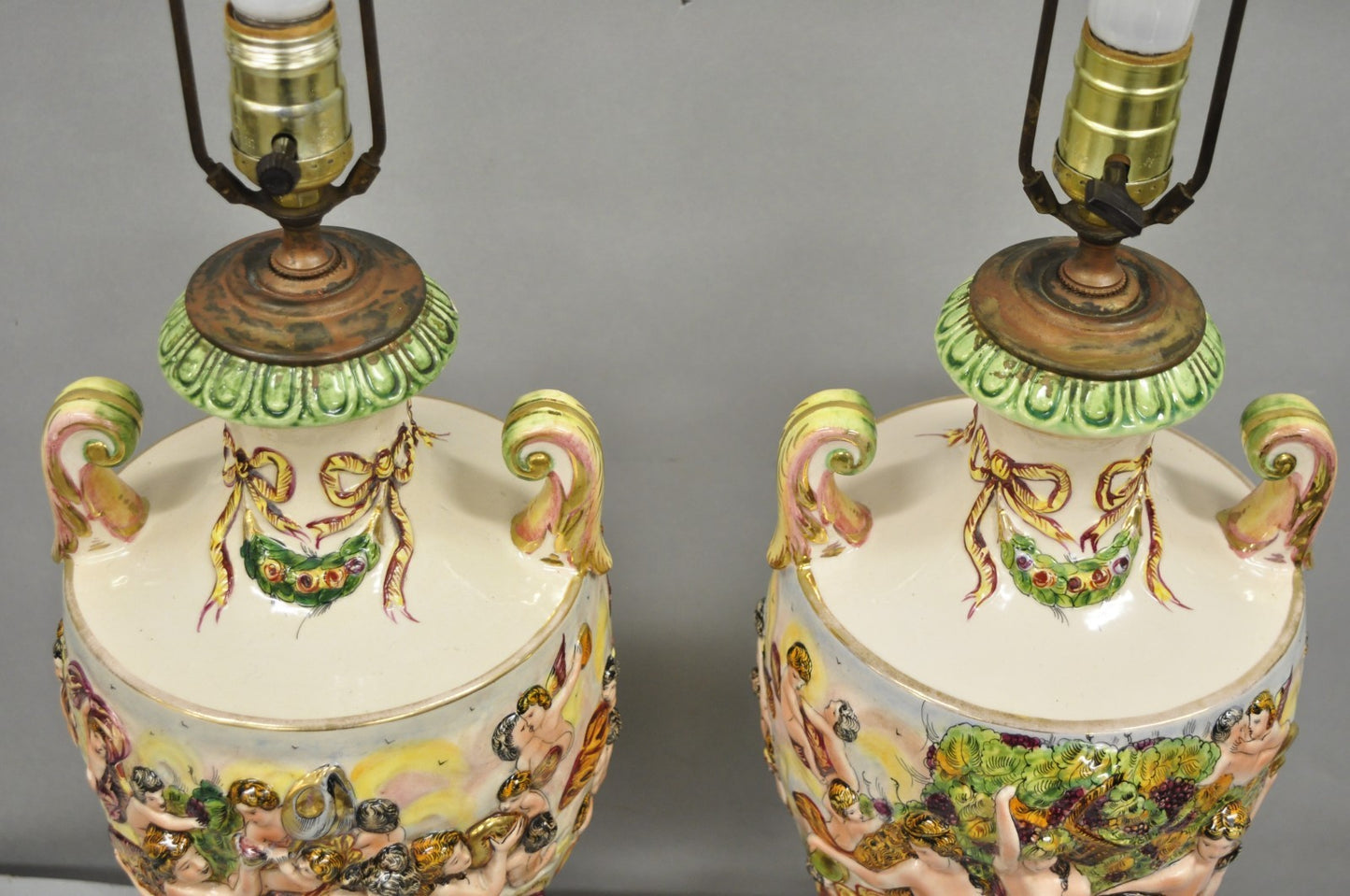 Antique Italian Capodimonte Ceramic Porcelain Figural Urn Table Lamps - a Pair