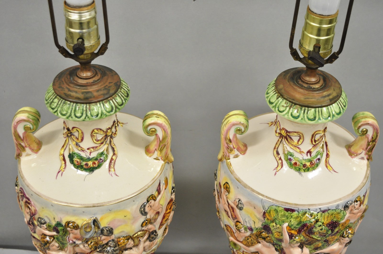 Antique Italian Capodimonte Ceramic Porcelain Figural Urn Table Lamps - a Pair